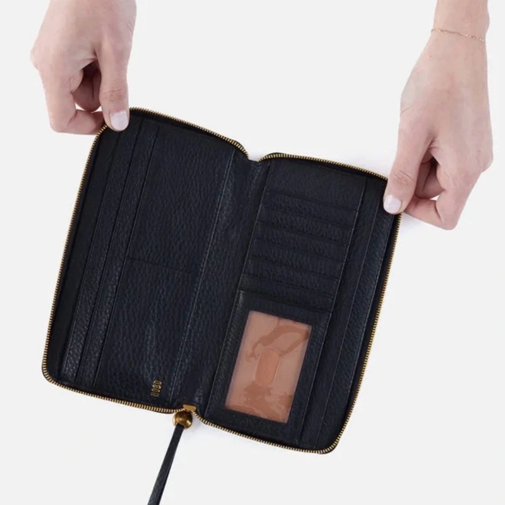 HOBO Black Leather Zip Around Wallet with Exterior Pocket
